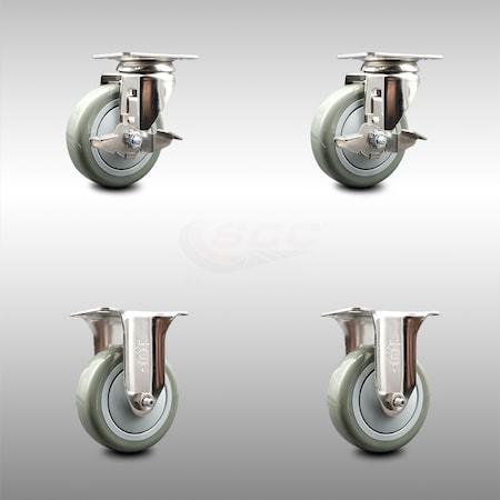 Service Caster 4 Inch 316SS Gray Polyurethane Swivel Top Plate Caster Brake 2 Rigid SCC, 2PK SCC-SS31620S414-PPUB-TLB-2-R-2